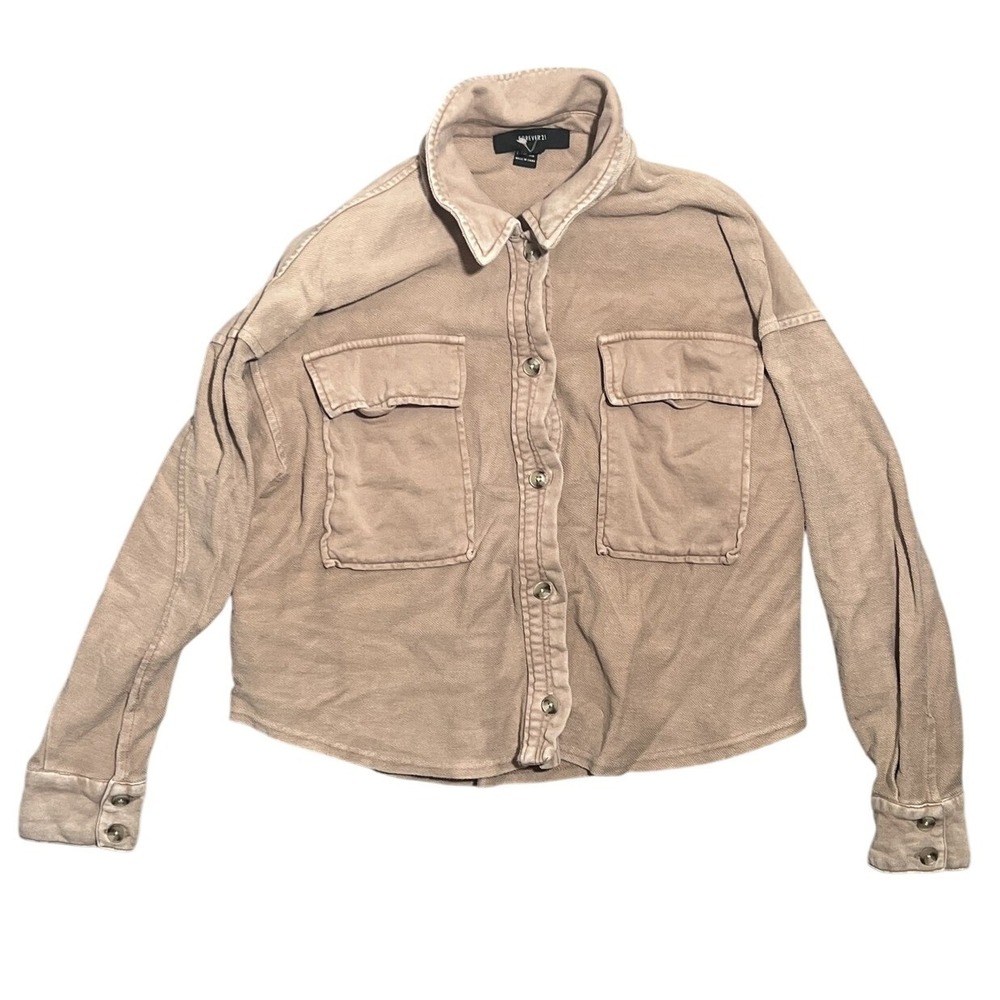 Forever 21 Women's S Shacket Taupe Button‎ Up Collared Long Sleeve Top